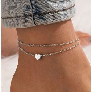 Silvertone Heart Anklet Ankle Bracelet Adjustable Vacation Beach Festival
